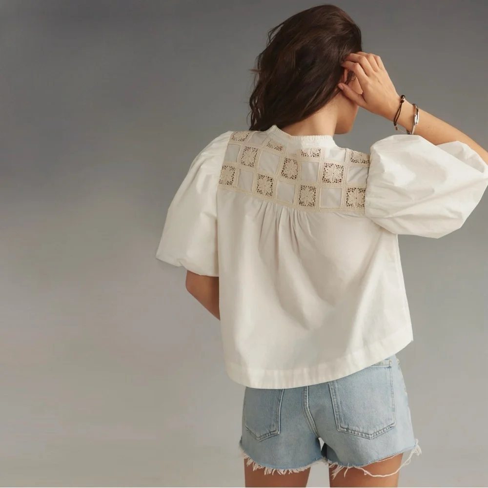 By Anthropologie Puff-Sleeve Crochet Blouse Color: White